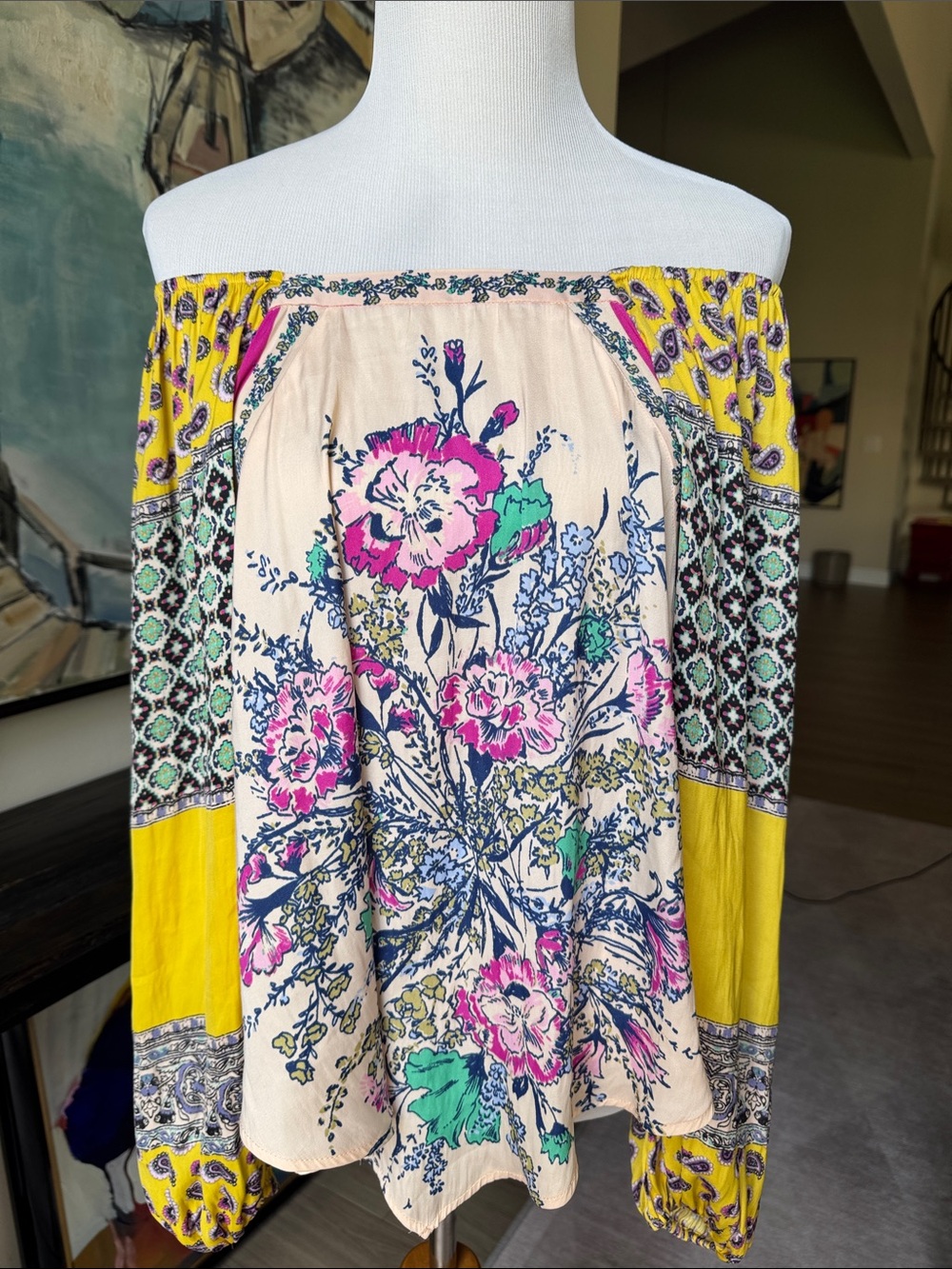 Free People Floral Mixed-Print Peasant Top - Yellow, Pink & Green